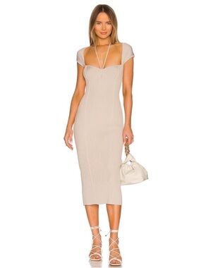 Beige Ribbed Midi Dress with Square Neckline - Jonathan Simkahi